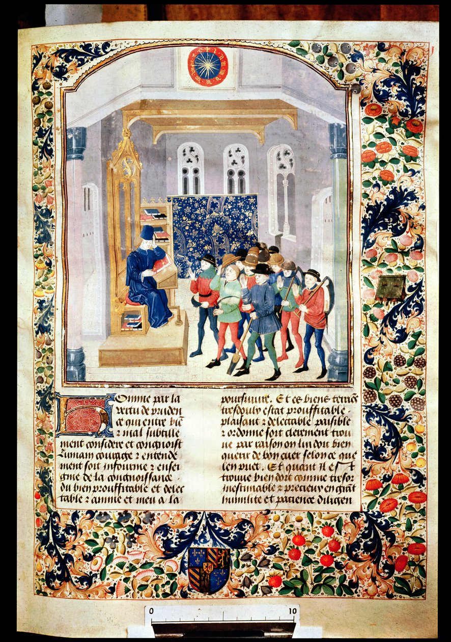 Ms 5064 fol.1r Autor prezentujący swoją książkę chłopom, z Livre des Prouffitz Champestres autorstwa Pietro de Crescenzi (1230-132021) autorstwa French School