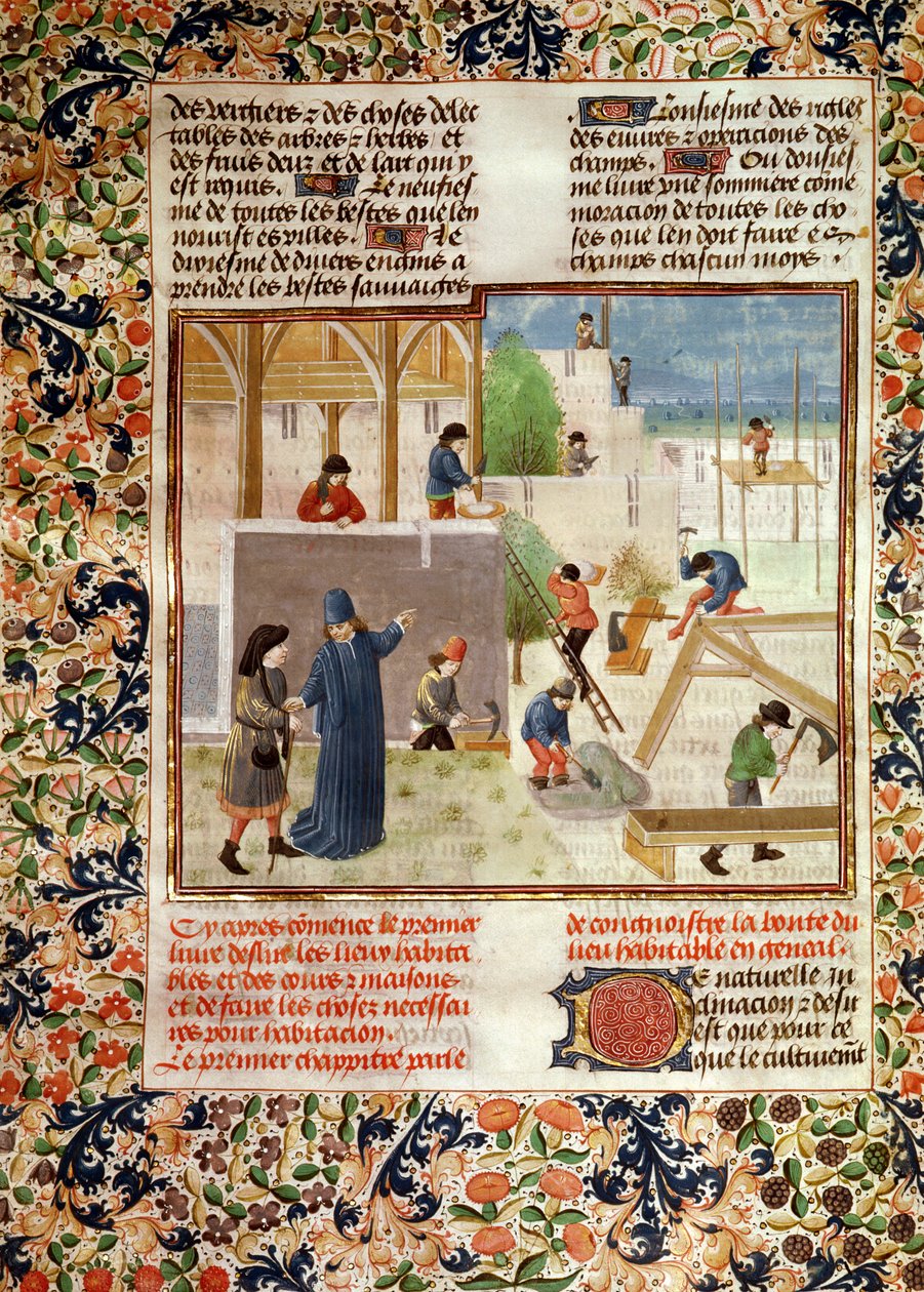Ms 5064 fol.2v Budowa domu, z Livre des Prouffitz Champestres autorstwa Pietro de Crescenzi (1230-132021) autorstwa French School