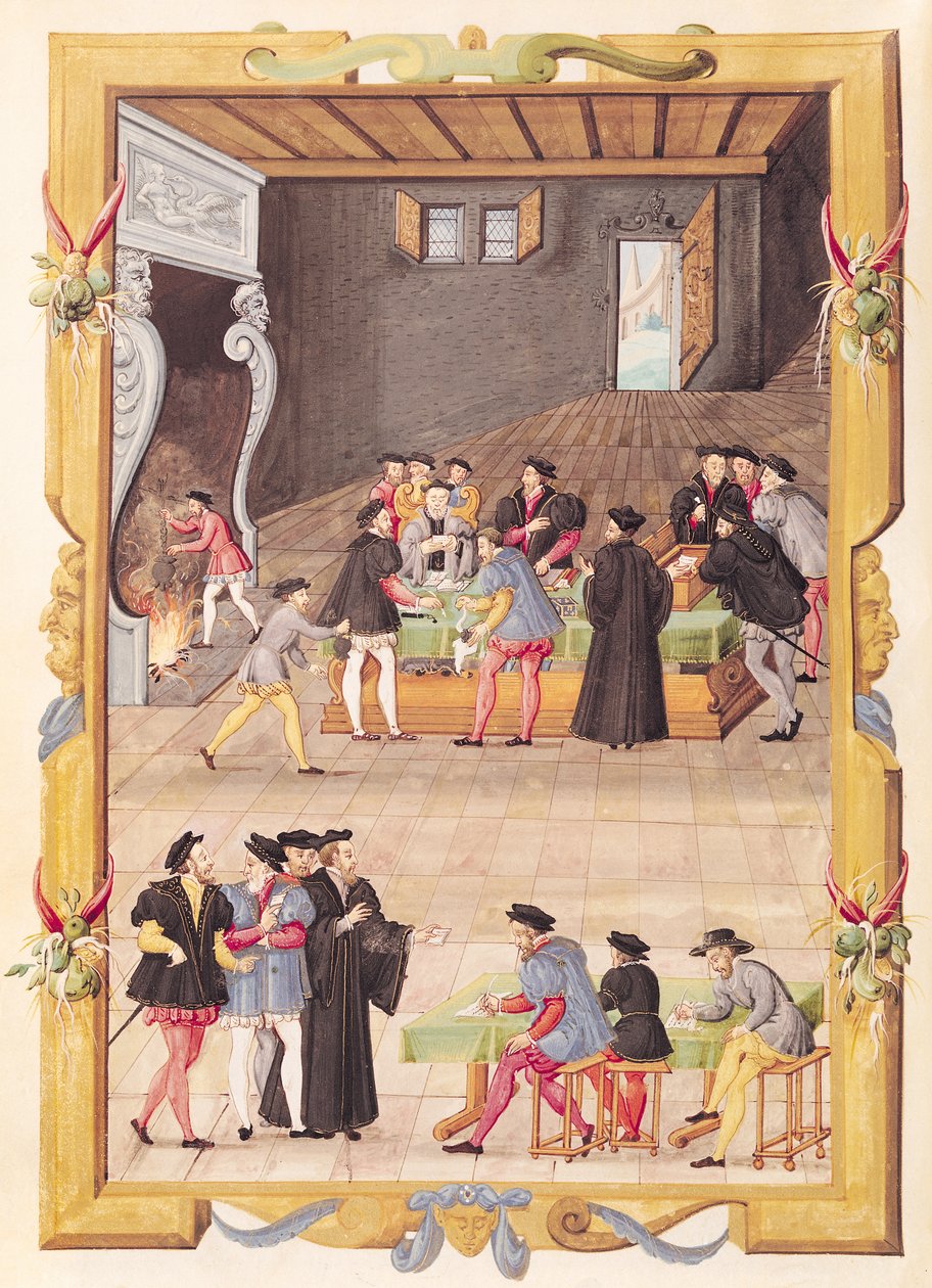 Ms 5169 f.2v Notariusze i Sekretarze Królewscy w Sali Kolegium Notariuszy i Sekretarzy Królewskich autorstwa French School