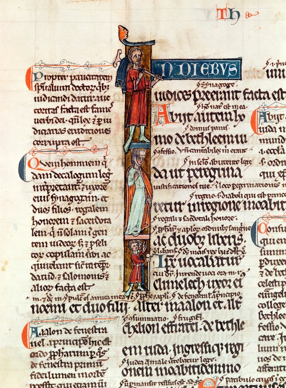 Ms 53 fol.29 Historyczny inicjał I przedstawiający Rut z mężem i synami, z Livre de Ruth autorstwa French School