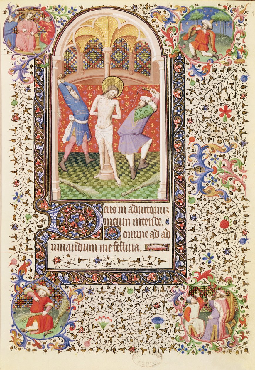 Ms 547 fol.13 Biczowanie, z Księgi Godzin używanych przez kobietę z Poitiers autorstwa French School