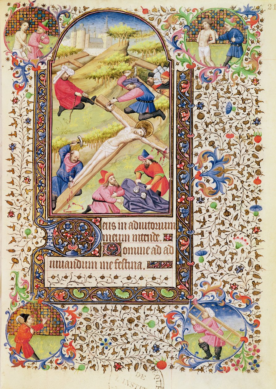 Ms 547 fol.21 Chrystus przybity do krzyża z Księgi Godzin używanych przez kobietę z Poitiers autorstwa French School