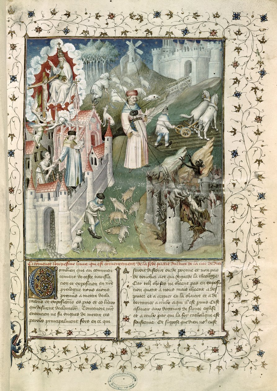 Ms 55 t.2 fol.3 Miasto Boga, miasto Caen i miasto przywar, z La Cite de Dieu św. Augustyna z Hippony (354-430) w przekładzie Raoula de Preles (1316-82) autorstwa French School