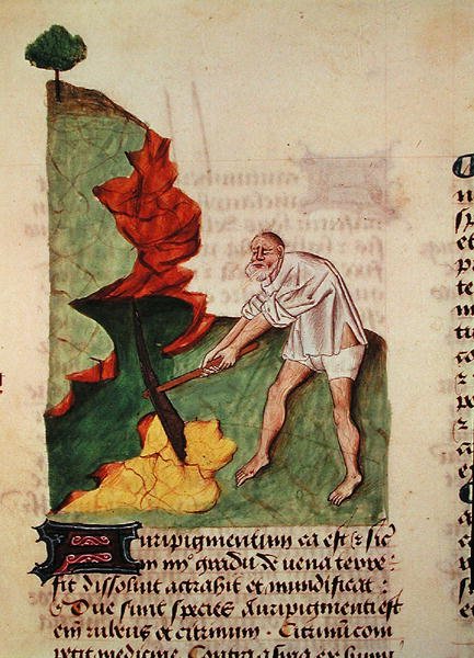 Ms 59 fol.3v W poszukiwaniu złota, z Grand Herbier autorstwa Pedaniusa Dioscoridesa (ok. 40-90) autorstwa French School