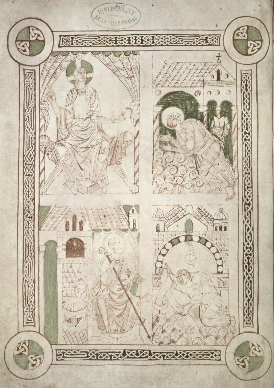 Ms 616 f.1v Św. Augustyn u stóp Chrystusa i pisarz Alardus ofiarowujący swoją książkę św. Vaastowi, frontyspis do spowiedzi św. Augustyna autorstwa French School