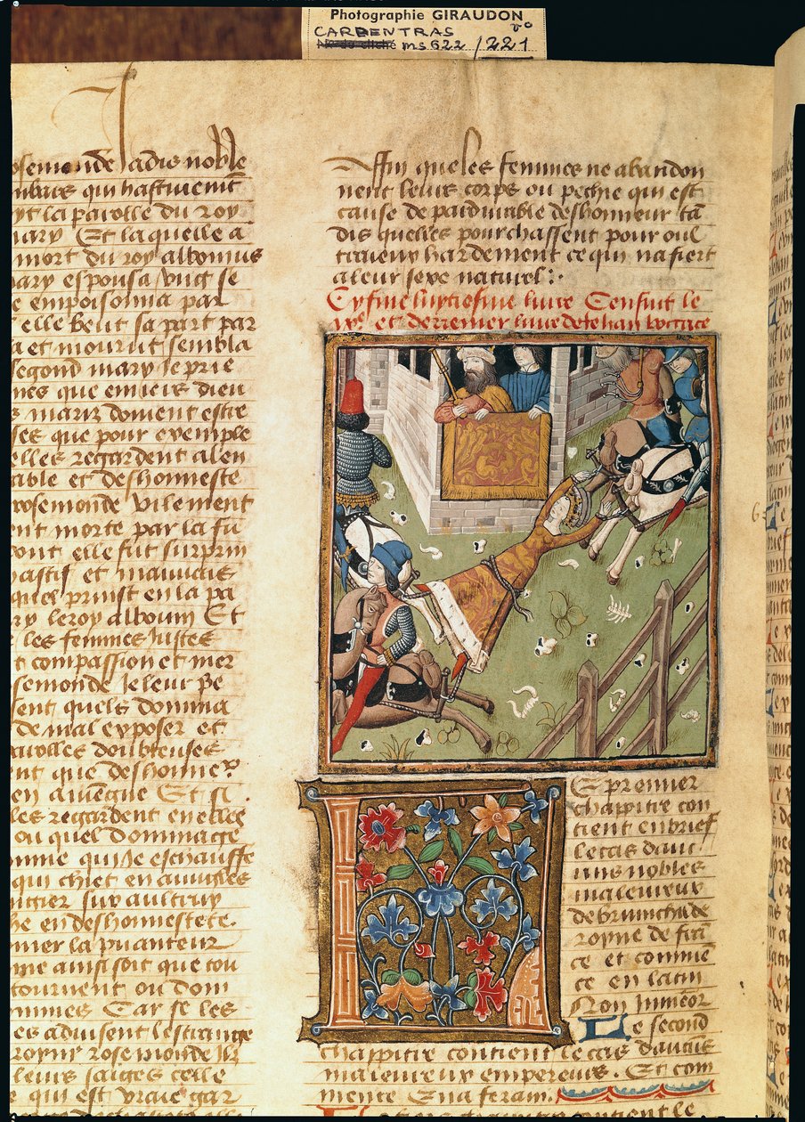 Ms 622 fol.221v Tortura Brunhildy z Des Hommes Illustres, c.1460 autorstwa French School