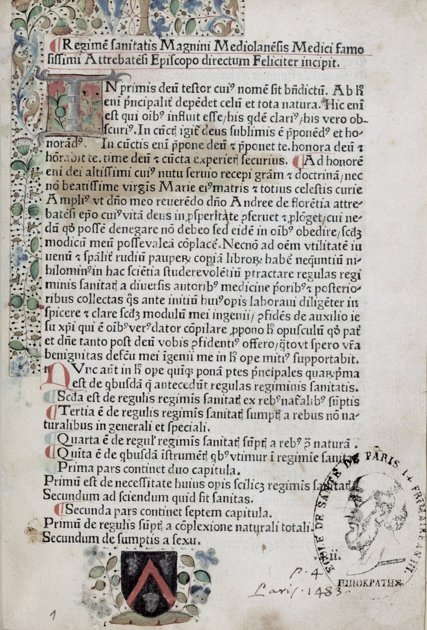 Ms 6310 Pierwsza strona z Regimen Sanitatis, 1483 autorstwa French School