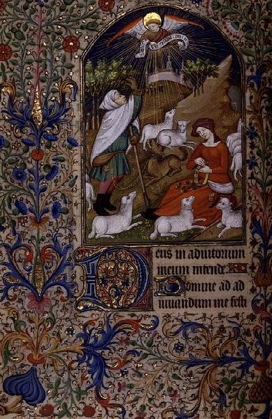 Ms 63 f.60v Anioł ukazuje się pasterzowi, kobieta siedzi robiąc girlandę, z Księgi Godzin, ok. 1460 (welum) autorstwa French School