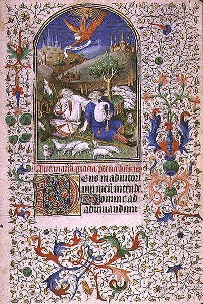 Ms 66 f.48r Anioł ukazujący się dwóm pasterzom, Amiens (welum) autorstwa French School