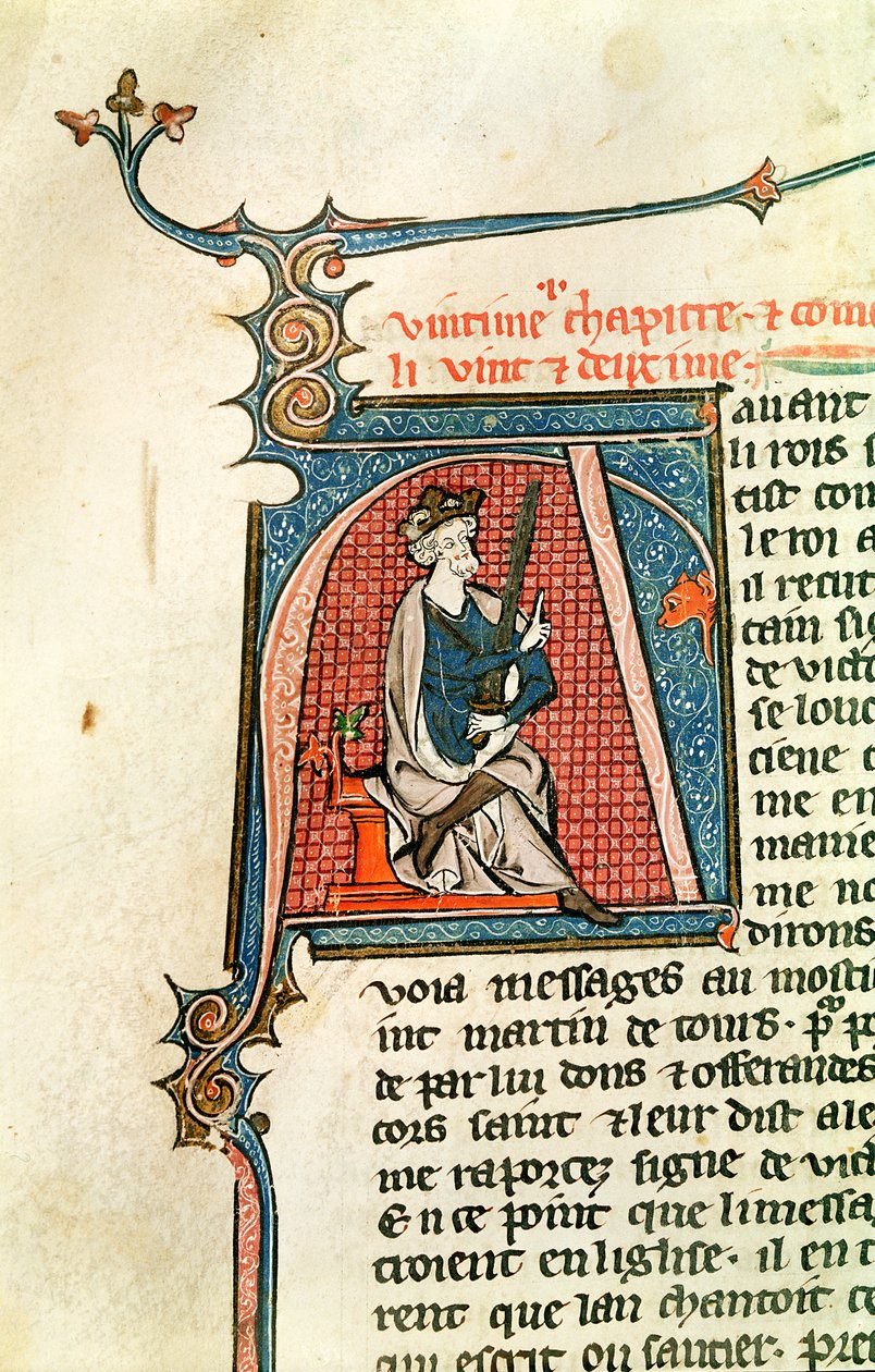 Ms 682 fol.17v Historyczny inicjał A przedstawiający siedzącego króla trzymającego obosieczny miecz autorstwa French School