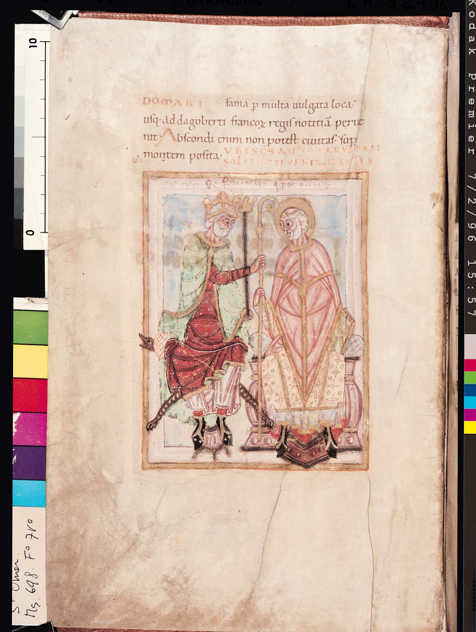 Ms 698 f.7v Dagobert I (609-39), król Franków inwestujący św. autorstwa French School