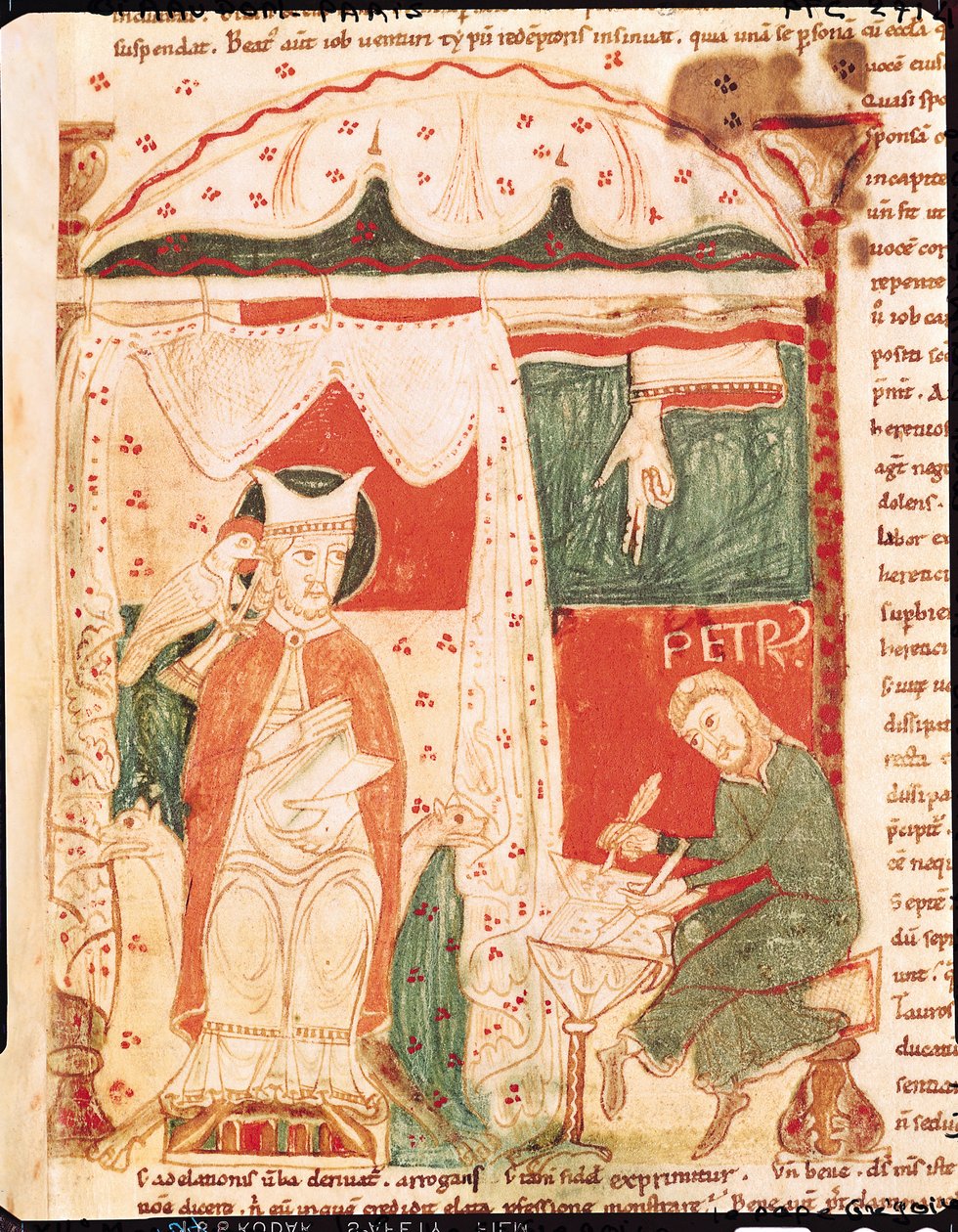 Ms 70 f.57 Papież Grzegorz I Wielki (ok.540-604) dyktuje Księgę Hioba swojemu skrybie Piotrowi, z Moralia w Hiobie przez papieża Grzegorza Wielkiego autorstwa French School
