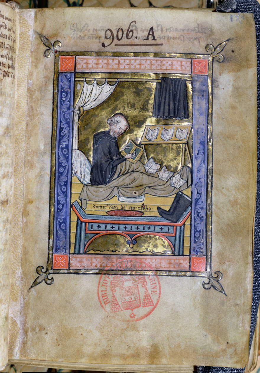 Ms 753 Fol.9 Mnich piszący w swoim łóżku z Flores Bernardi Guillaume de Tournai autorstwa French School