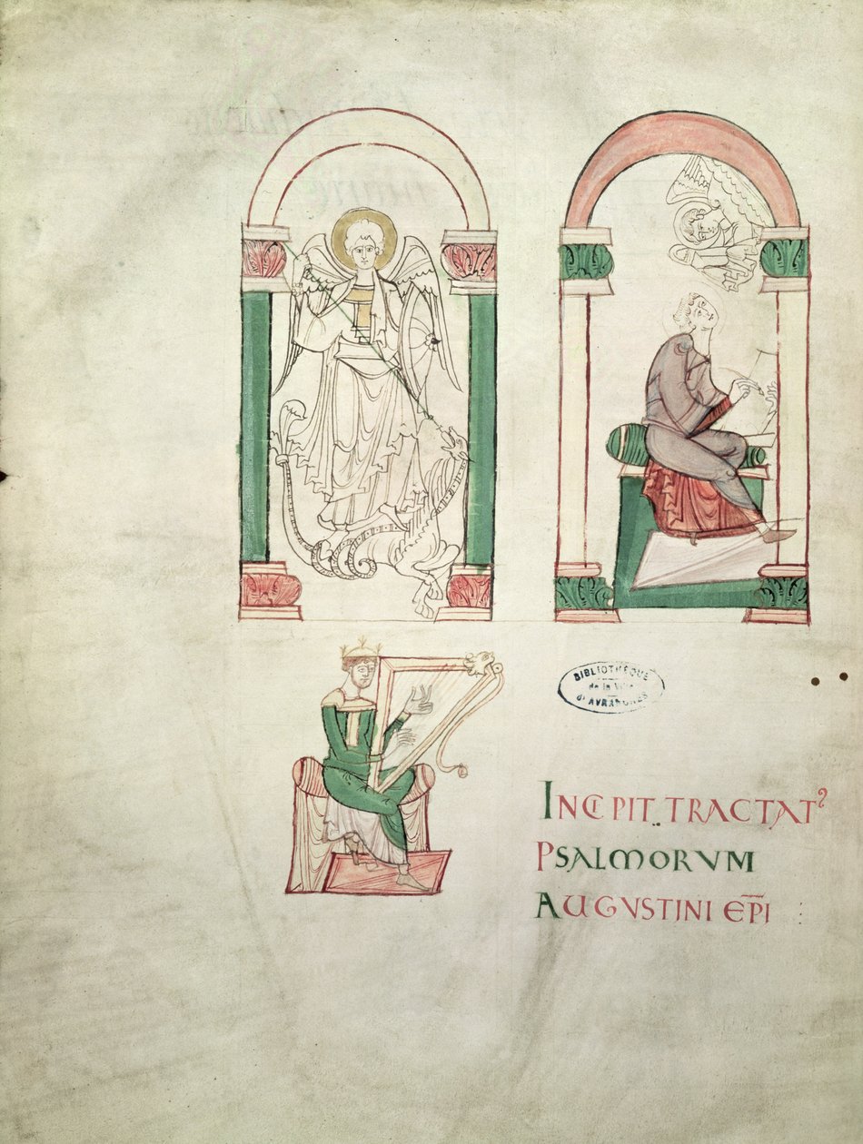 Ms 76 St. Michael, St. Augustine Writing i St. David grający na harfie, frontyspis z Saint Augustin Super Psalmos autorstwa French School