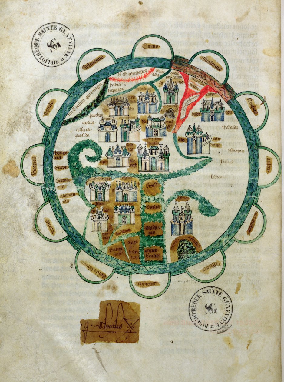 Ms 782 fol.16v. Mapa świata w formie globusa, miniatura z Grandes Chroniques de Philippe le Hardi autorstwa French School