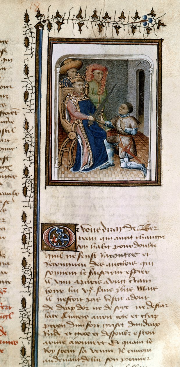 Ms 814 f.125r Bertrand du Guesclin (1320-80) pasowany na rycerza przez króla, z Histoire de Du Guesclin autorstwa French School