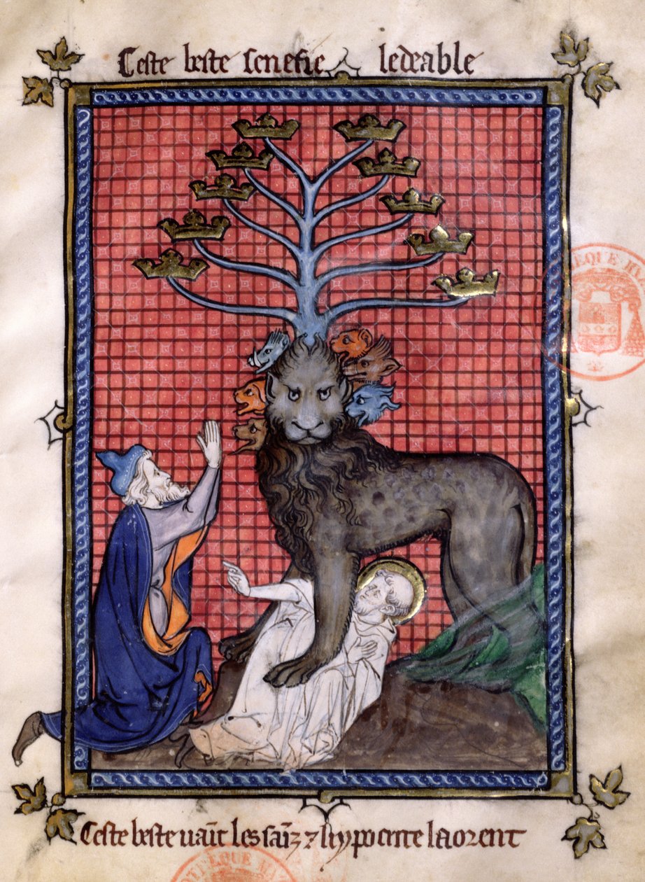 Ms 870 Fol.8 Siedmiogłowa bestia Apokalipsy czczona przez hipokrytę i miażdżąca świętego, z La Somme le Roy Frere Laurenta, oświetlona przez Maitre Honore autorstwa French School
