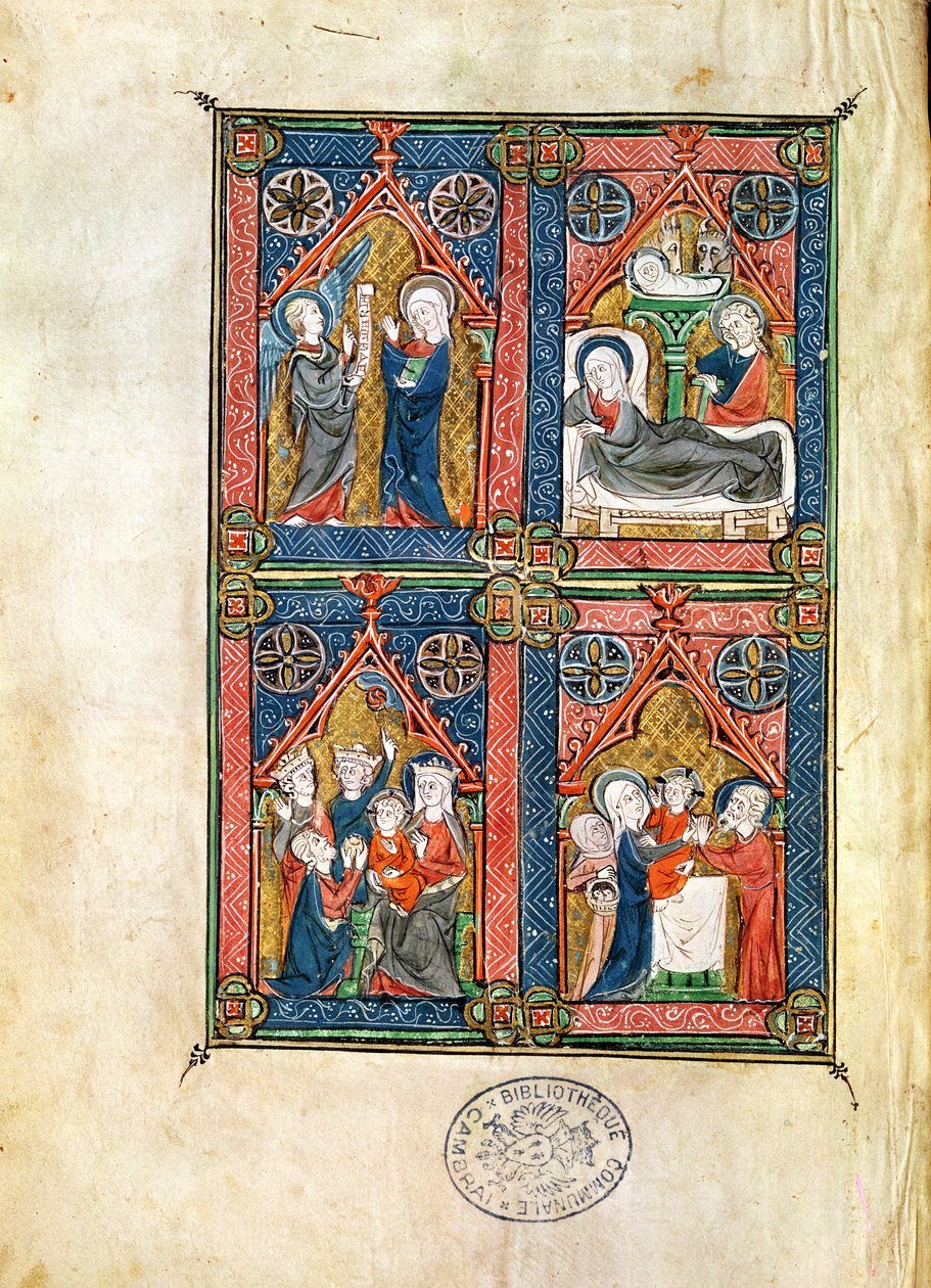 Ms 87 fol.16 Zwiastowanie, Narodzenia, Pokłon Trzech Króli i Oczyszczenie z Godzin Mahaut dArtois autorstwa French School