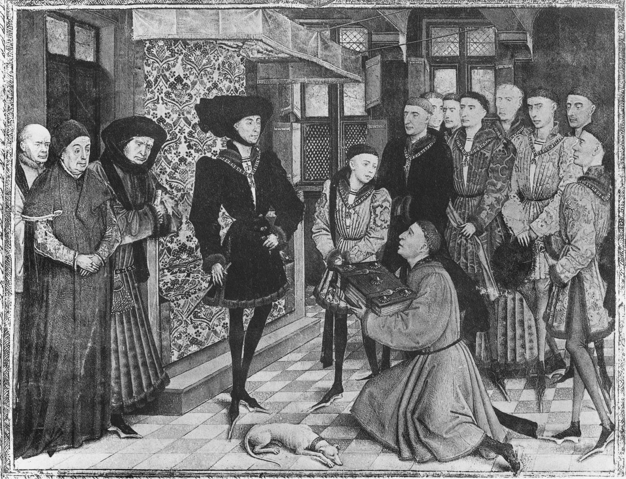 Ms 9242 Hainaut Chronicles, Filip Dobry, książę Burgundii, przedstawiony z tłumaczeniem Kronik Jeana Vauquelina, Karol Śmiały jako dziecko po lewej stronie autorstwa French School
