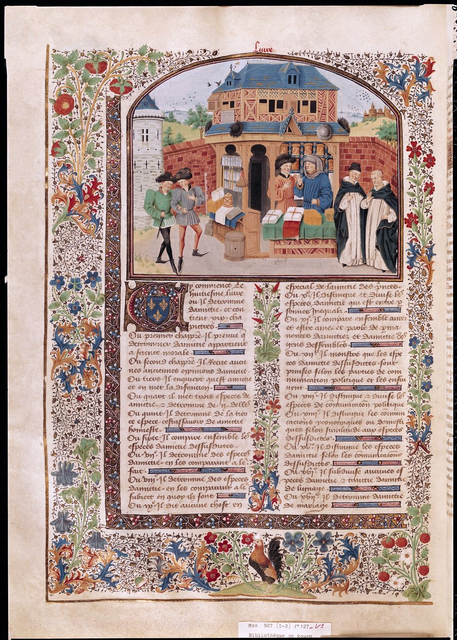 Ms 927 Fol.127v Trzy rodzaje przyjaźni, z Etyki, Polityki i Ekonomii Arystotelesa (384-322 pne) autorstwa French School