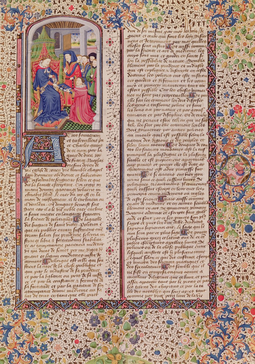 Ms 927 Fol.186 Prezentacja polityki królowi z Etyki, polityki i ekonomii autorstwa Arystotelesa (384-322 pne) autorstwa French School