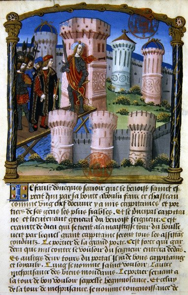 Ms 978 fol.33 „Zamek”, ilustracja z traktatu duchowego na użytek świeckich autorstwa Gabrielle de Bourbon (welum) autorstwa French School