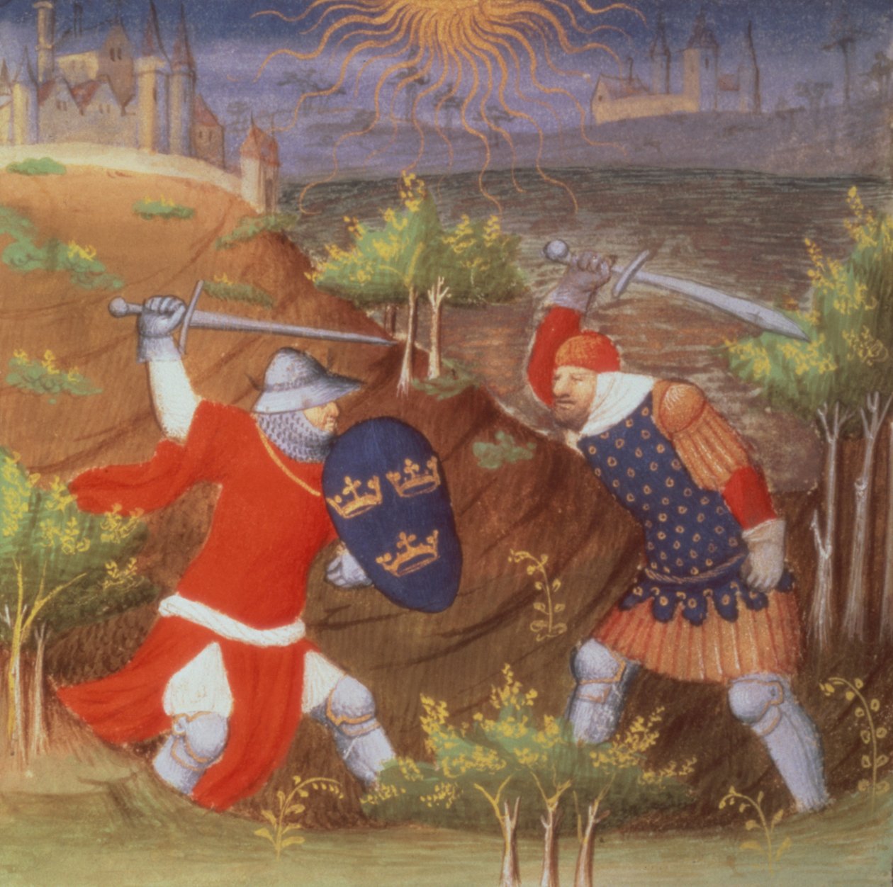 Pani Arsenal 5077 f.298 Król Artur walczy z rzymskim generałem, z rękopisu Historii autorstwa mistrza Boucicaut autorstwa French School