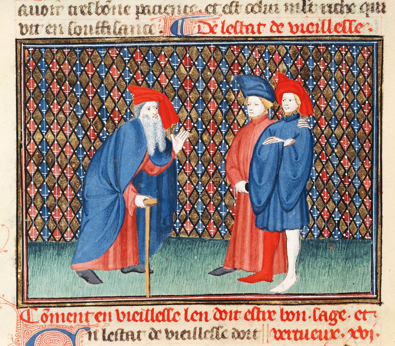 Ms Fr 1023 fol.57v Jak starsi muszą być dobrzy, mądrzy i cnotliwi, z Księgi Dobrej Moralności Jacques le Grant (1360-1415) autorstwa French School