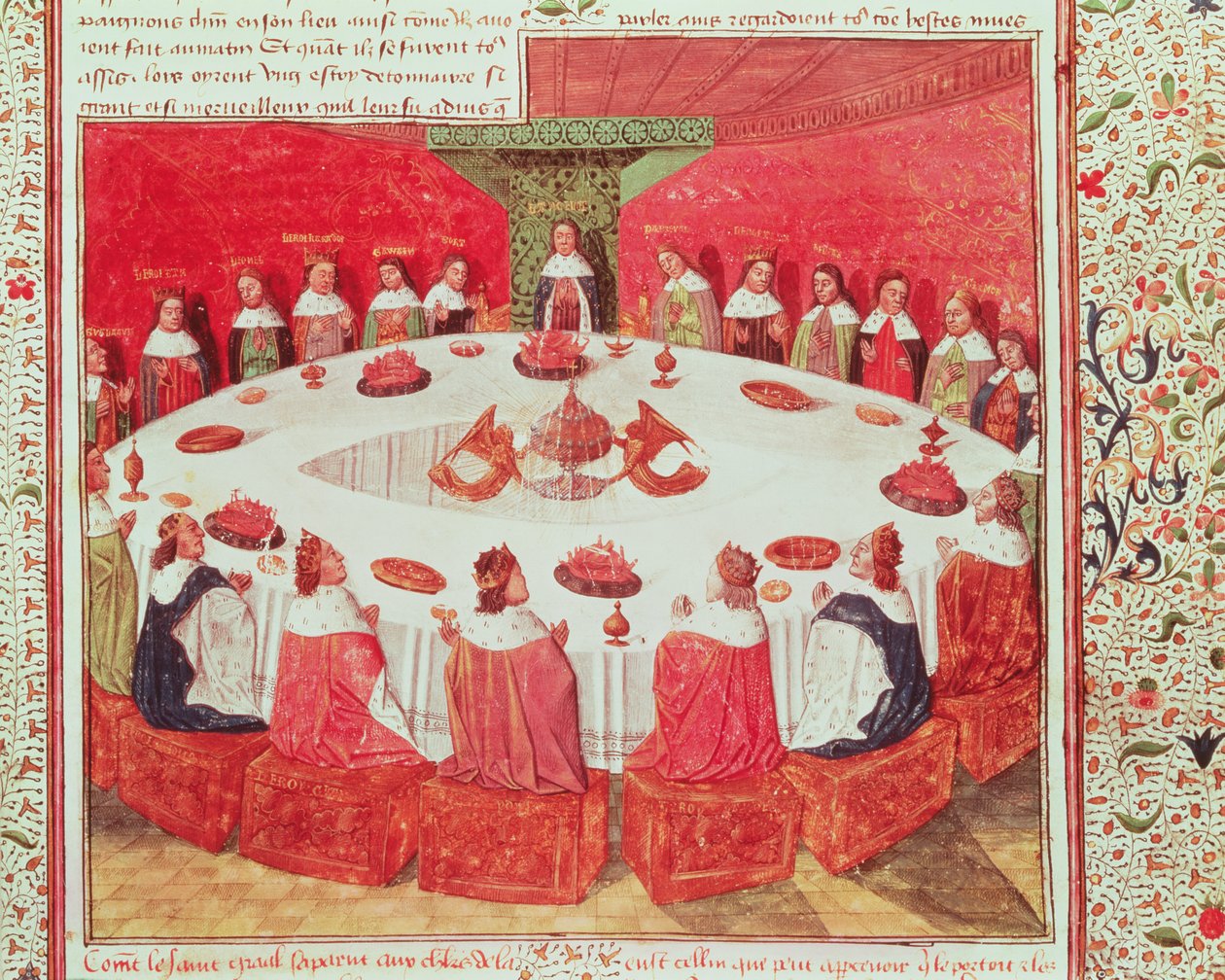 Ms Fr 112 f.5 Okrągły Stół i Święty Graal, z Livre de Messire Lancelot du Lac, 1470 autorstwa French School