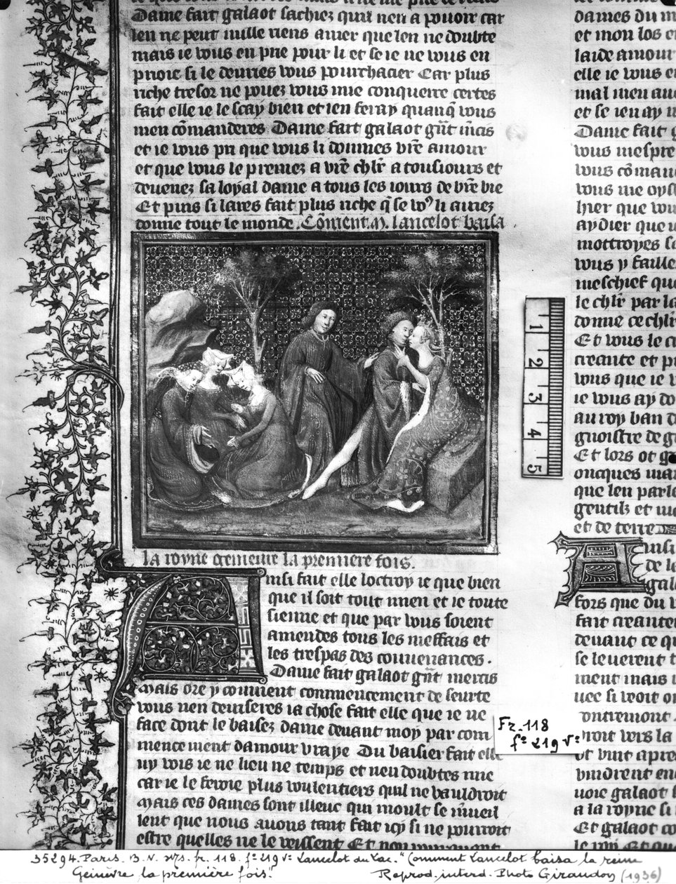 Pani Fr 118 fol.219v Jak Lancelot pocałował Ginewrę po raz pierwszy, z Livre de Messire Lancelot du Lac autorstwa French School
