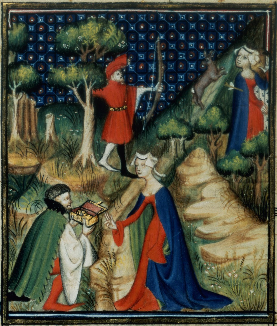 Pani Fr 12420 fol.139v. Historia Procris, z „De Claris Mulieribus, z Dzieł Giovanniego Boccaccia (1313-75) autorstwa French School