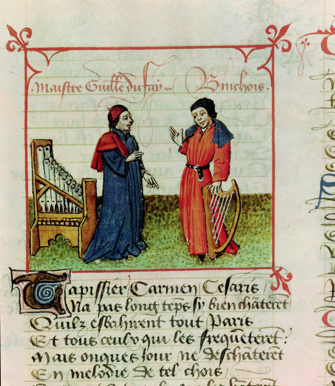 Pani Fr 12476 fol.98 Guillaume Dufay (zm.1474) i Gilles Binchois (zm.1460) z Le Champion des Dames autorstwa Martina le Franc (1410-61) 1440 autorstwa French School