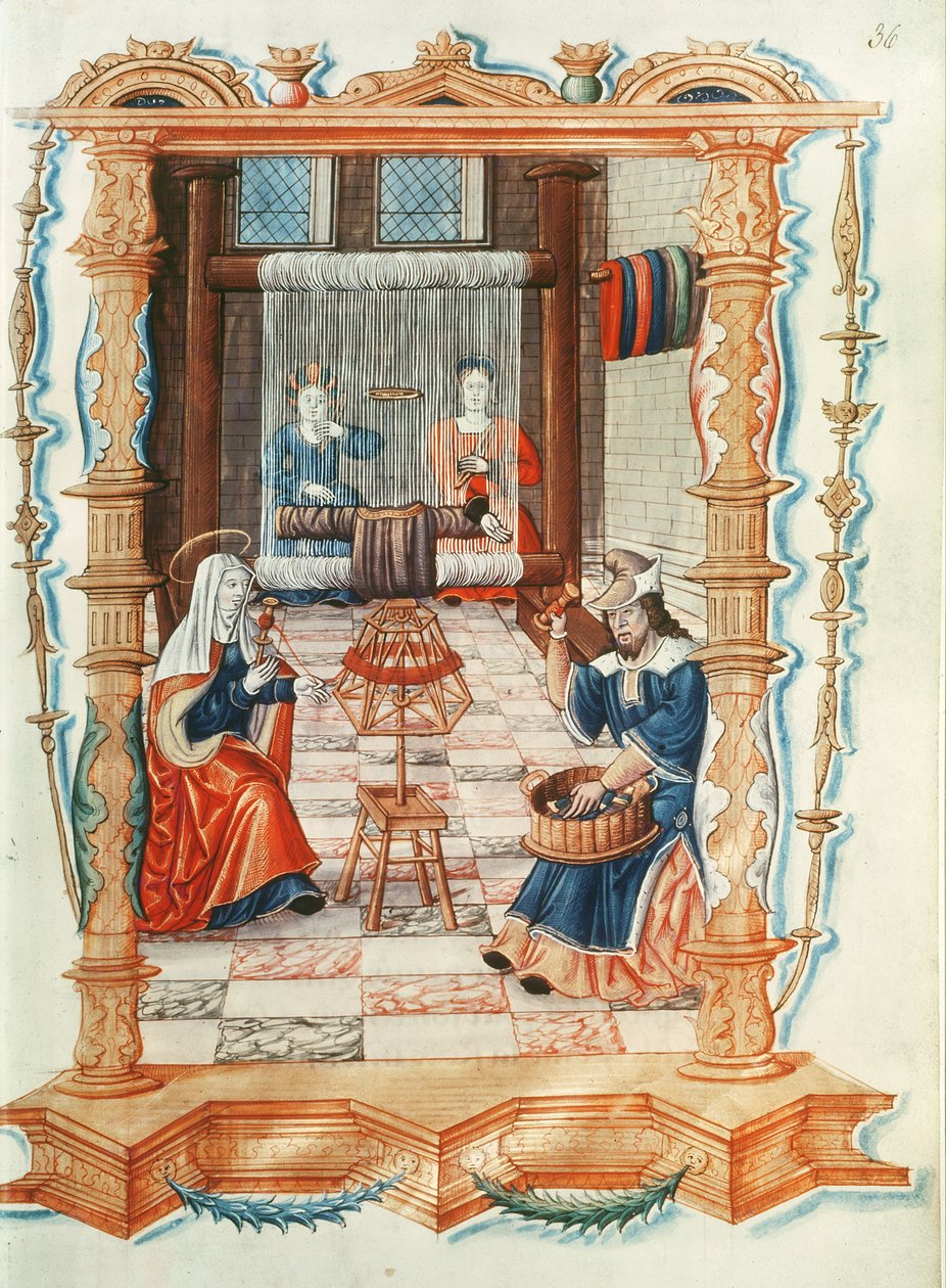 Ms Fr 1537 Fol.36 Matka Boża tkająca w warsztacie, z Chants royaux sur la Conception Couronnee du Puy de Rouen autorstwa French School