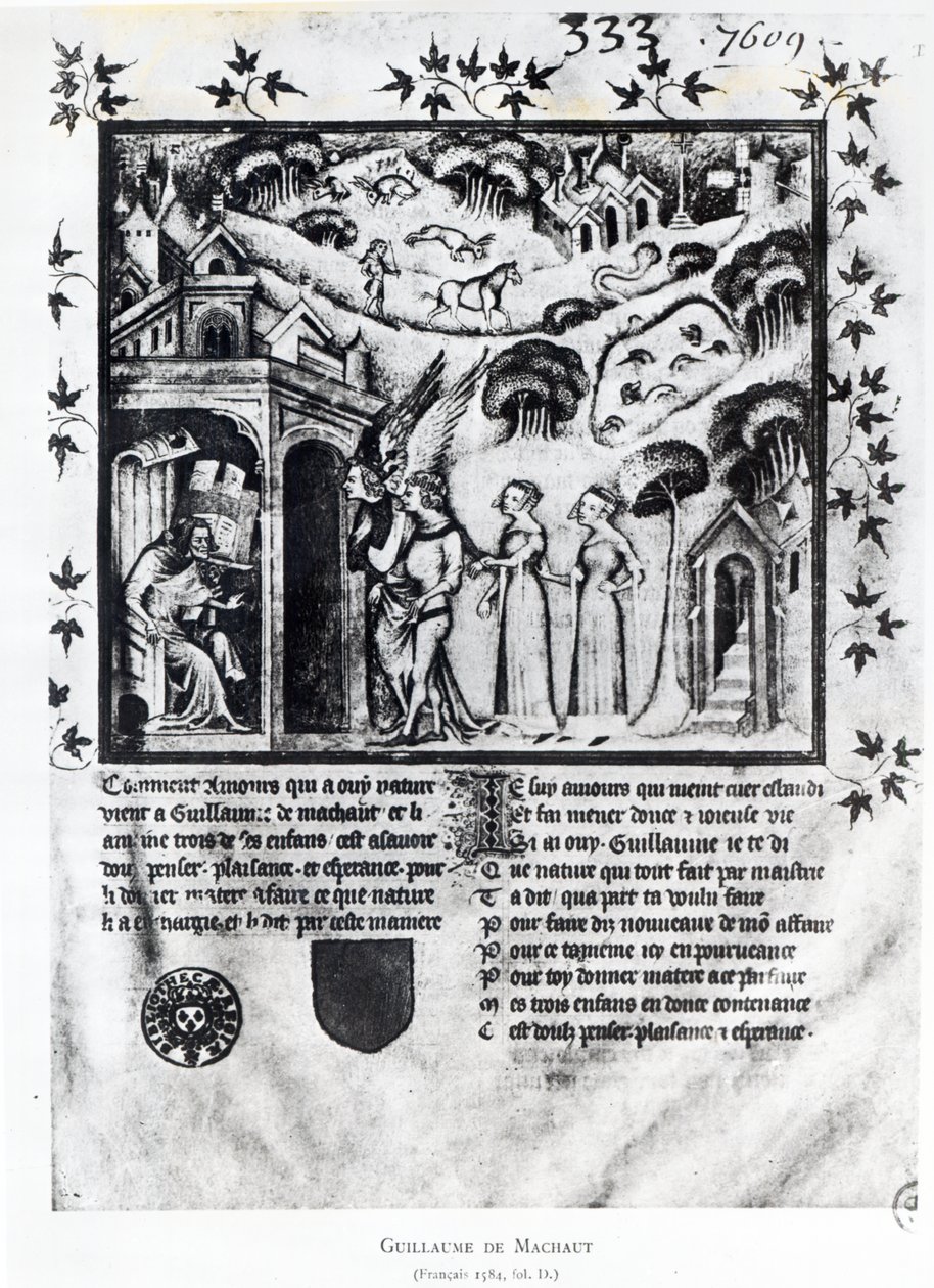 Pani Ks 1584 n.d. Autor otrzymujący Miłość, która przynosi mu Słodkie Myśli, Przyjemność i Nadzieję, c.1370 (rękopis) autorstwa French School