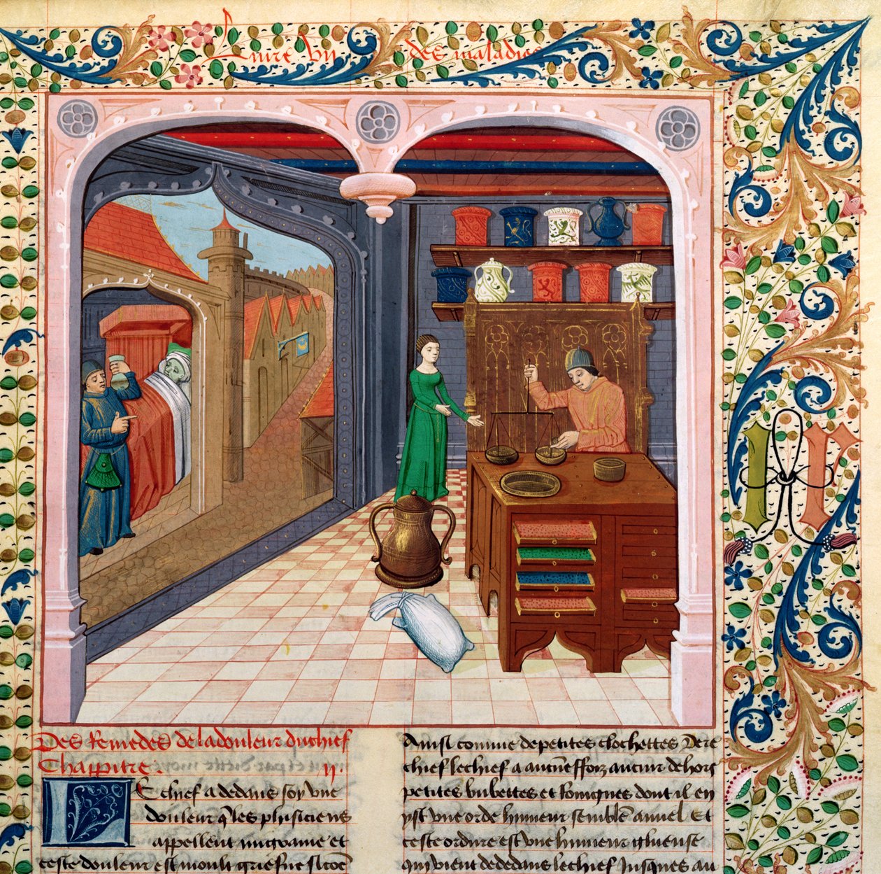 Ms Fr 218 fol.111 Pacjent w łóżku i aptekarz przygotowujący lekarstwa, z Le Livre des Proprietes des Choses Barthelemy