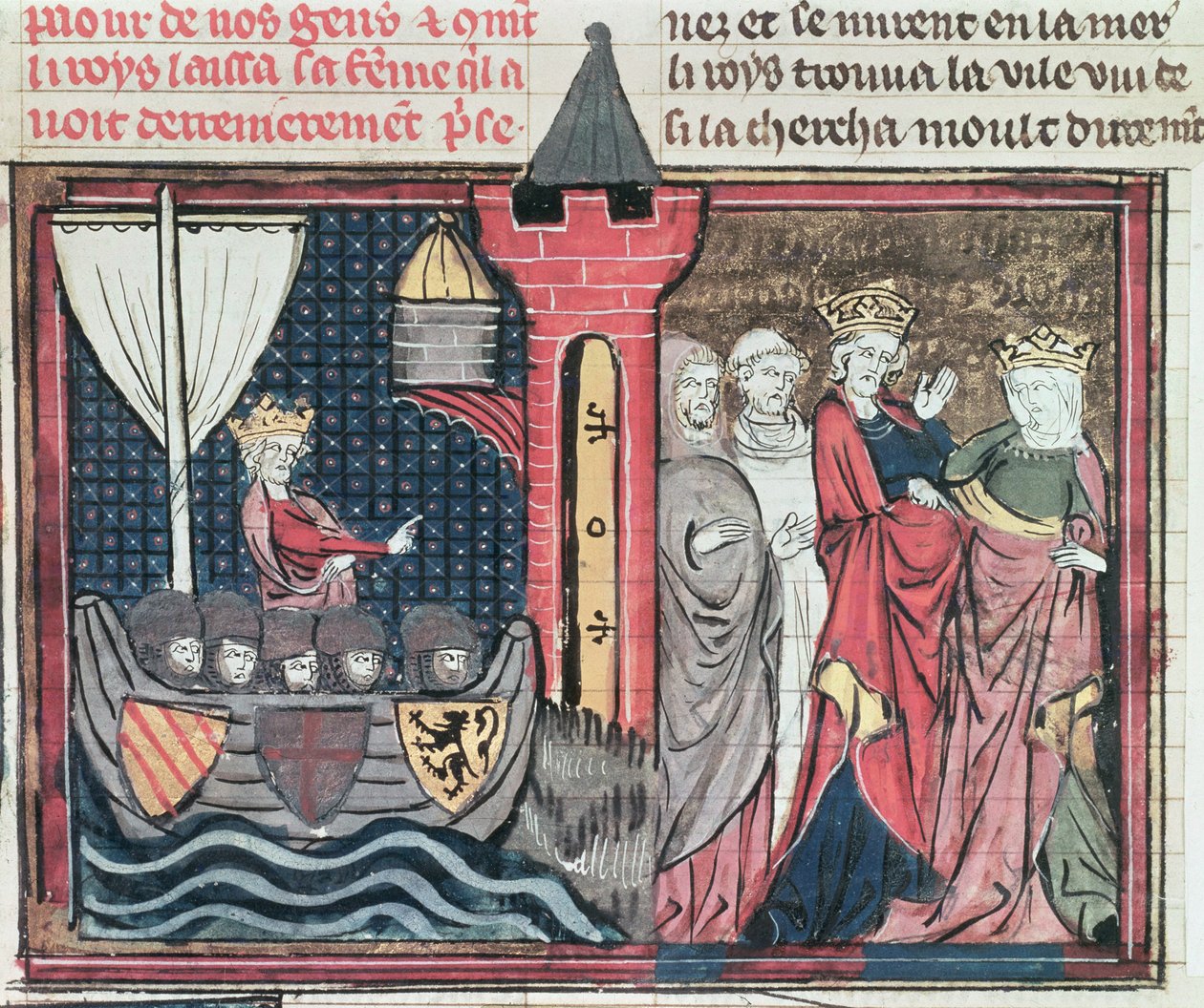 Pani Fr 22495 Fol.101 Baldwin I Przekraczając rzekę Jordan i wyrzekając się żony, z Le Roman de Godefroi de Bouillon, 1337 autorstwa French School