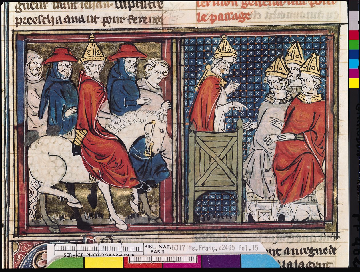 Ms Fr 22495 Fol.15 Sobór w Clermont i przybycie papieża Urbana II (ok. 1035-99) do Francji, z Le Roman de Godefroi de Bouillon, 1337 autorstwa French School