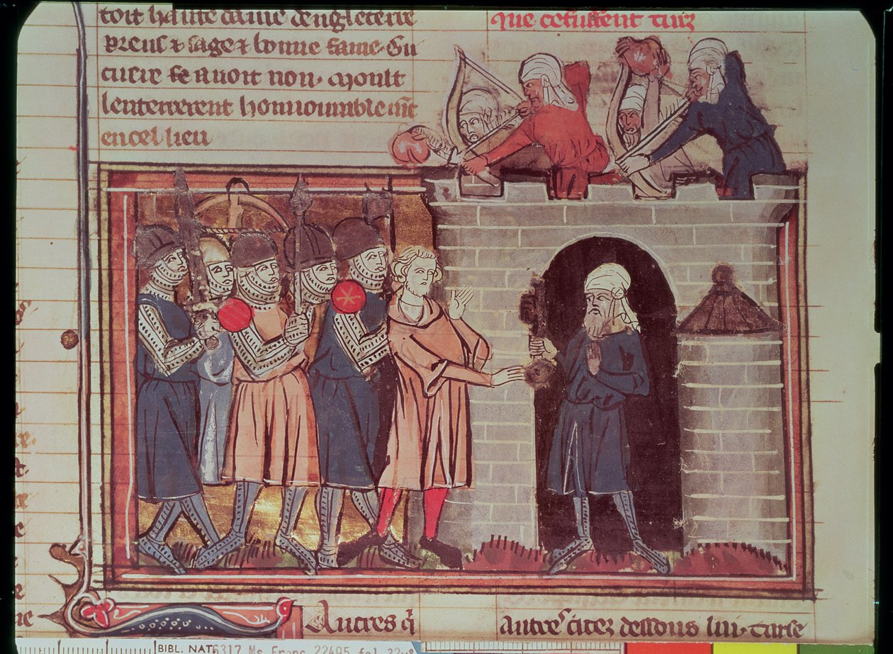 Pani Fr 22495 f.32v 1. Krucjata. Poddanie Tarsu Tankredowi de Hauteville, 1097, z Le Roman de Godefroi de Bouillon autorstwa French School