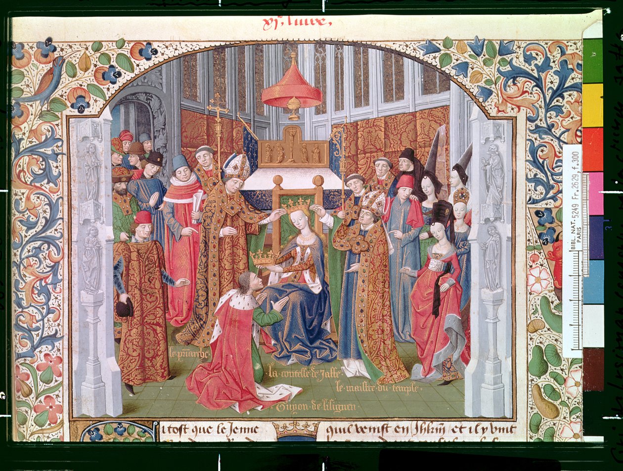 Pani Fr 2629 fol.300 Hrabina Jafy (ok. 1136-88) koronująca Guy of Lusignan (zm. 1194) z Histoire de la conquete de Jerusalem przez Wilhelma Tyr (ok. 1130-85) ok. 1470 autorstwa French School