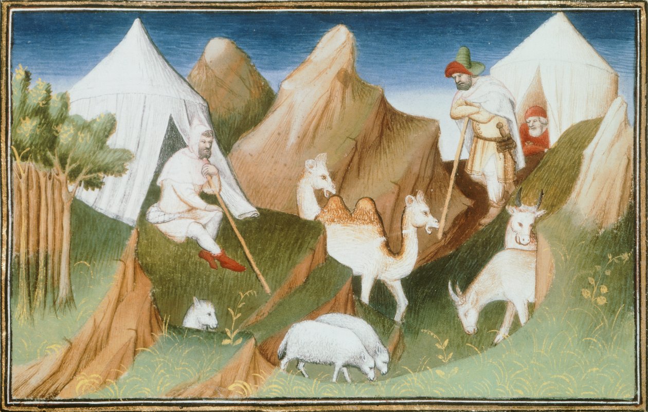 Pani Fr 2810, Karachar koczownicy ze swoimi stadami, miniatura z „Livre des merveilles du monde” (Księga Cudów Świata) Marco Polo i Rustichello, ok. 1410-12 (tempera na welinie) autorstwa French School