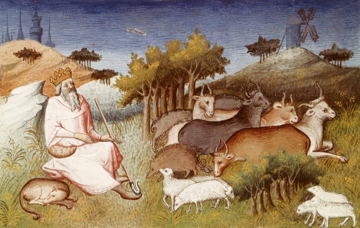 Pani Fr 2810, Król Dor pilnujący swojej trzody, miniatura z „Livre des merveilles du monde” (Księga Cudów Świata) autorstwa Marco Polo i Rustichello, ok. 1410-12 (tempera on vellum) autorstwa French School