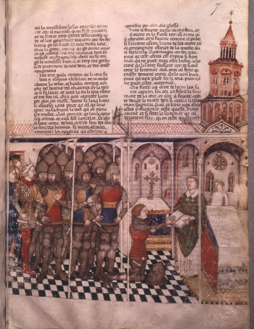 p. ks. 343 fol. 7 W poszukiwaniu Świętego Graala i śmierci Artura, rycerz składający przysięgę autorstwa French School