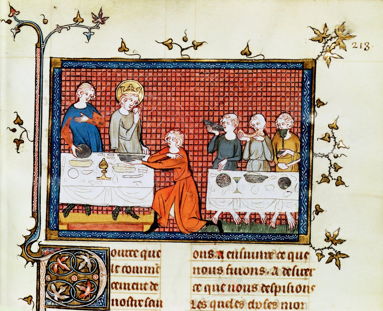 Pani ks. 5716 f.213 Św. Ludwik nakarmienie ubogich, z życia i cudów Św. Ludwika, ok. 1330-40 autorstwa French School