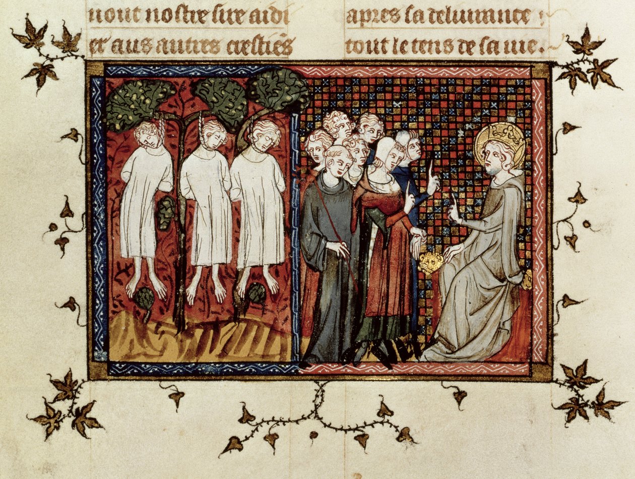 Pani ks. 5716 fol.246 St. Louis ogłasza wyrok i skazujący Enguerrand de Coucy (1228-1311) za powieszenie trzech młodych szlachciców, z Life and Miracles of St. Louis, ok. 1330-40 autorstwa French School