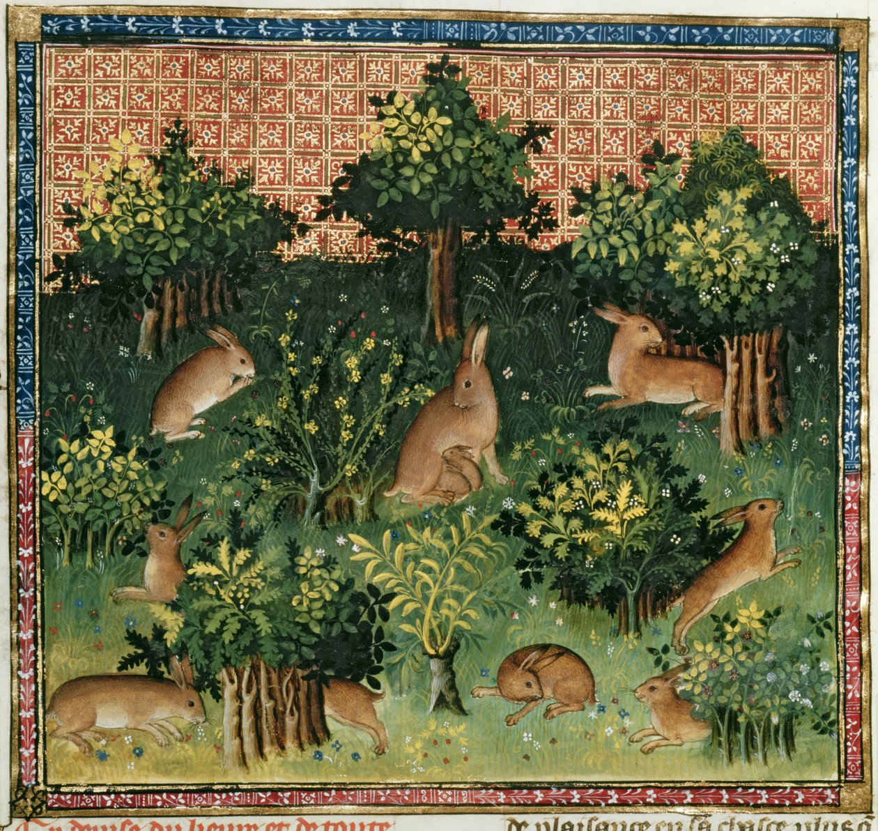 Pani Fr 616 fol.24v Zające w lesie, z Livre de la Chasse Gastona Phebusa de Foix (1331-91) autorstwa French School