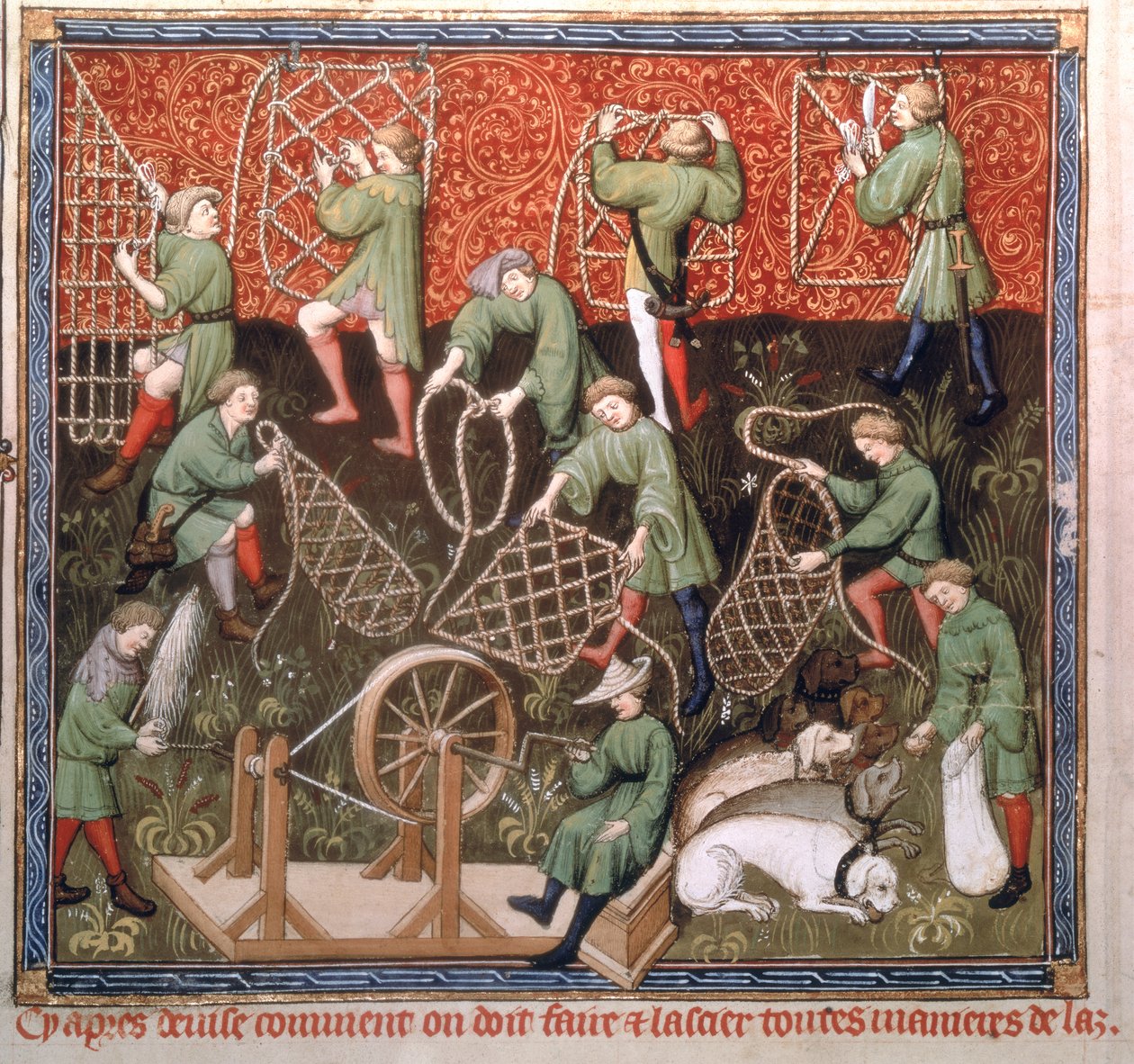 Ms Fr 616 fol.53v Mężczyźni z sieciami, z Livre de la Chasse Gastona Phebusa de Foix (1331-91) początek XV w. autorstwa French School