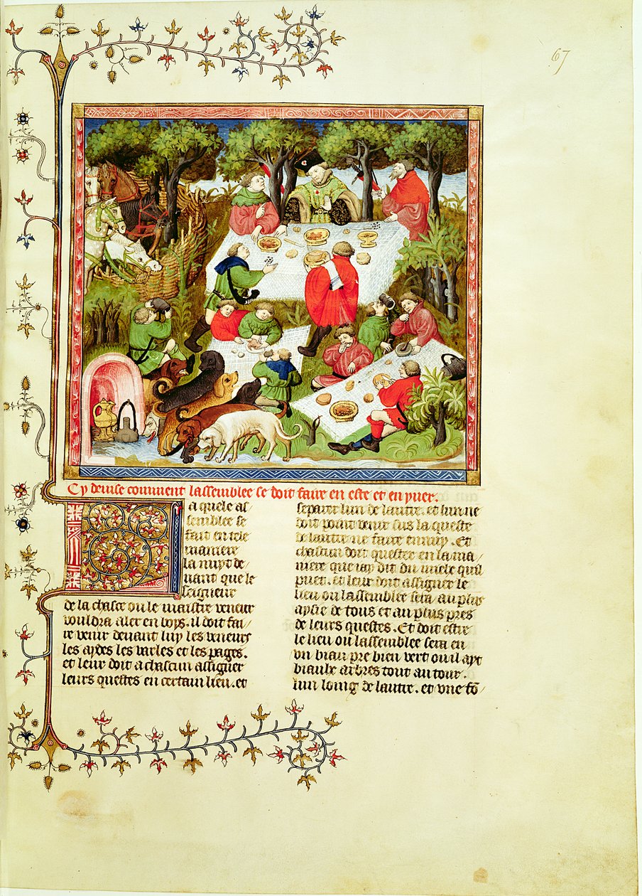 Pani Fr 616 fol.67 Myśliwi ucztujący przed polowaniem na jelenie, z Livre de la Chasse Gastona Phebusa de Foix (1331-1391) autorstwa French School