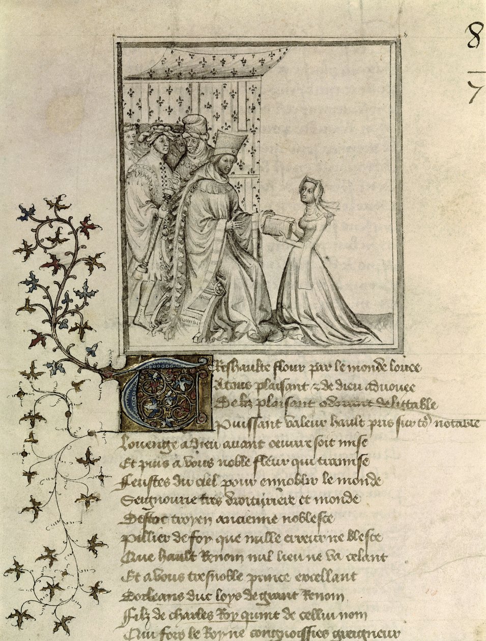 Pani Fr 848 fol.1 Christine de Pisan (1364-1430) przedstawia swoje dzieło Ludwikowi, księciu Orleanu (1372-1407) z Listu Othei do Hektora Christine de Pisan, c.1405 autorstwa French School
