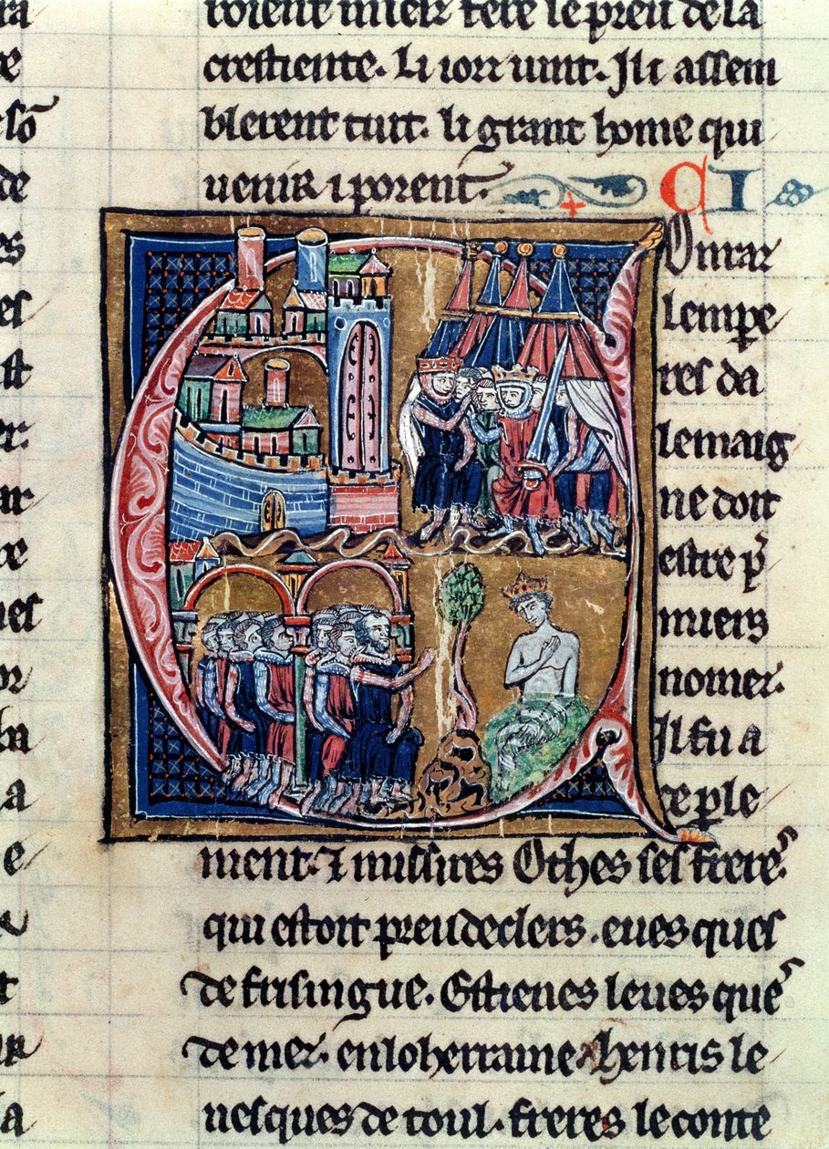 Ms Fr 9081 fol.206 Historyczny inicjał C przedstawiający Konrada III (1137-52) cesarza Niemiec i Ludwika VII (1120-80) króla Francji, oblegającego Damaszek w 1148 r., z Histoire de Jerusalem przez Wilhelma d. autorstwa French School