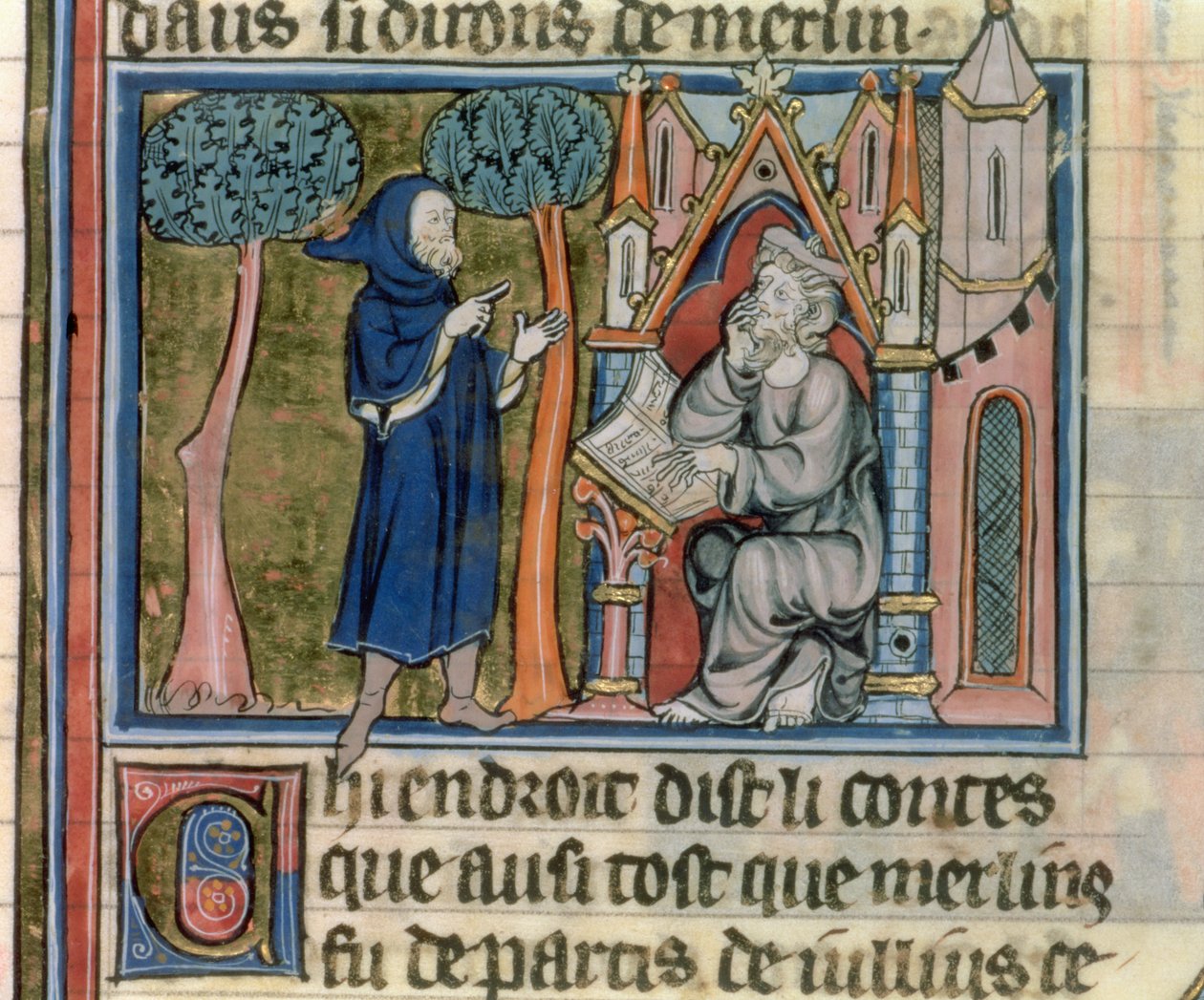 Pani ks. 95 f.268 Merlin dyktuje historię Blaise